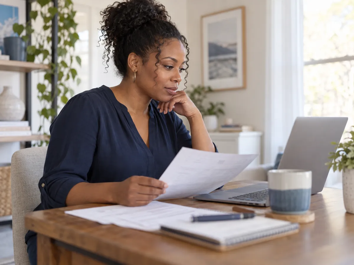 A woman reviewing financial documents beside her laptop at home