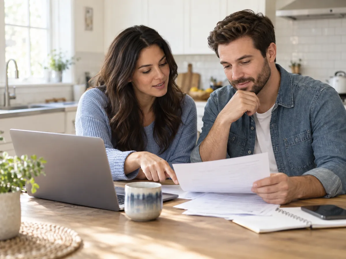 A couple reviewing household paperwork together